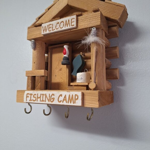 Little Log Fishing Camp Hook Hamging Nebraska Crafted‎ Wood Welcome Fly Lantern - Picture 2 of 13